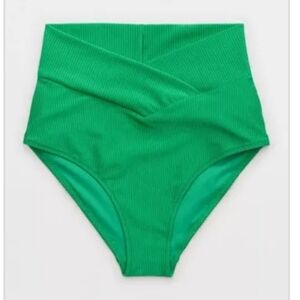 NWOT AERIE green ribbed High Waist Cross Over  Bikini Bottoms Size M